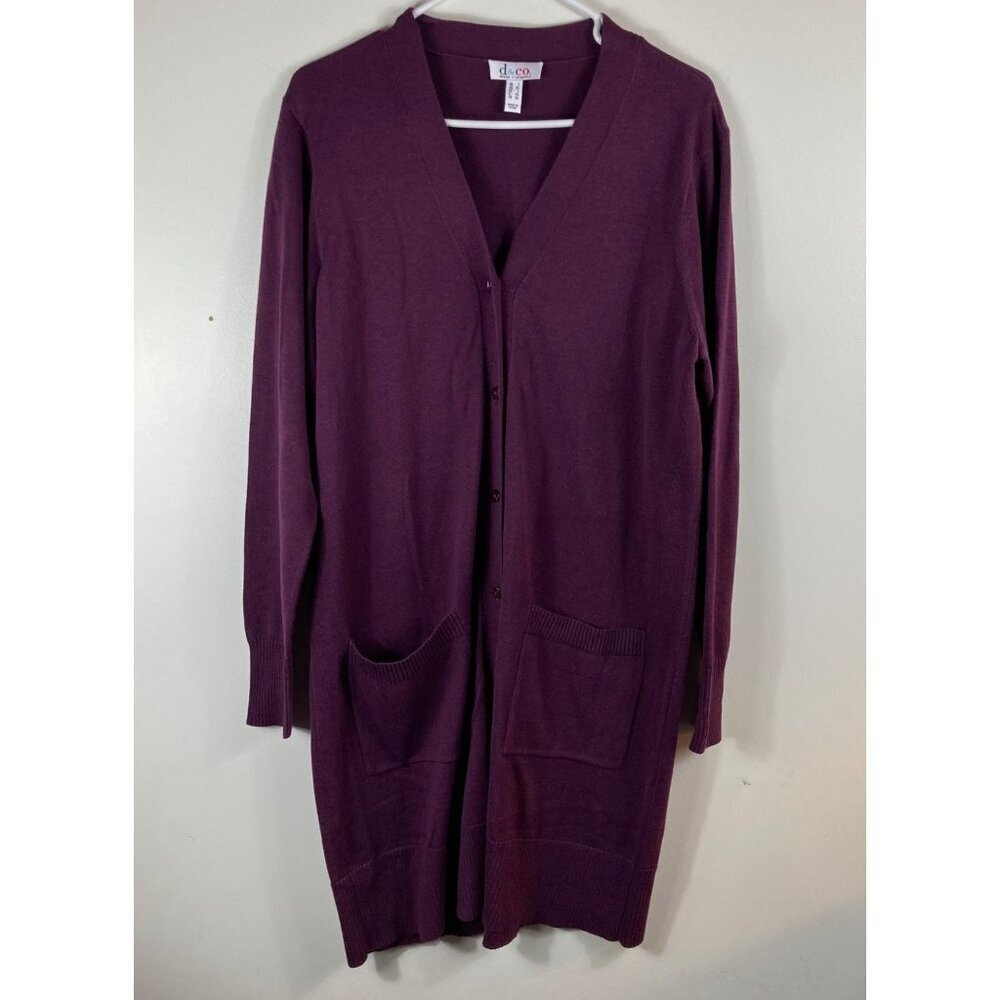 Womens VIntage Denim &‎ Co Long Button Cardigan Front Pockets Burgundy L